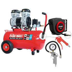PRODIF Pack Compresseur Super Silent SIL850 50L 2CV + Enrouleur EN 10 + Soufflette + Poignée de Gonflage