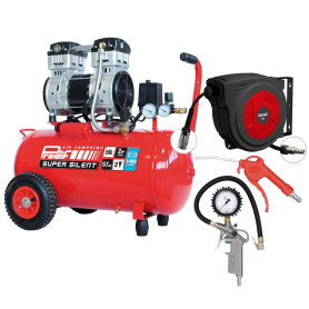PRODIF Pack Compresseur Super Silent SIL850 50L 2CV + Enrouleur EN 20 + Soufflette + Poignée de Gonflage