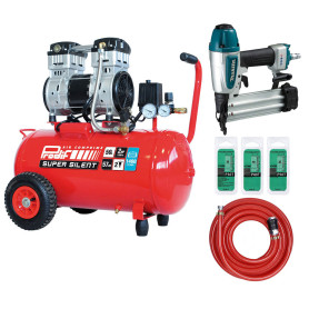 PRODIF Pack Compresseur Super Silent SIL850 50L 2CV + Cloueur AF506 Makita + Tuyau 10 m + 3000 Pointes Fischer Darex