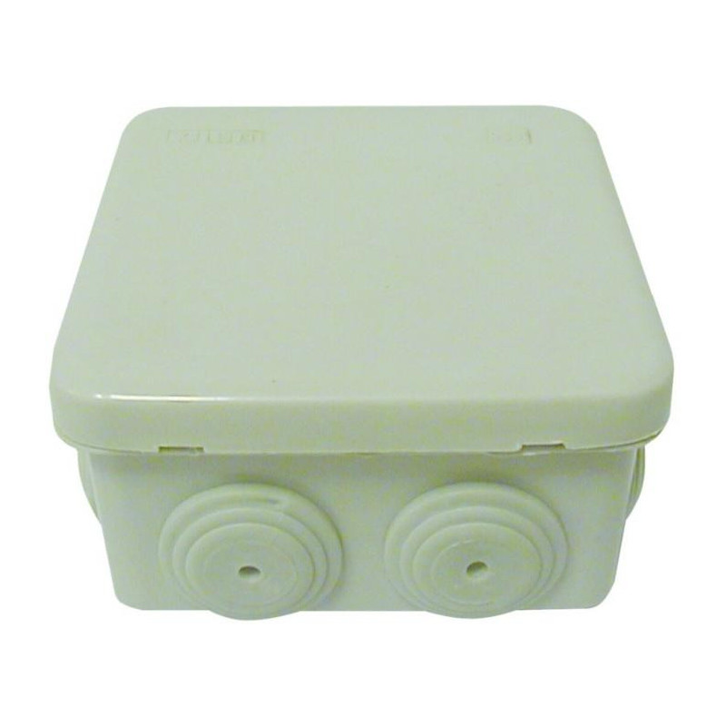 Boite de dérivation étanche carrée 80 mm profondeur 45 mm IP55. Boite de dérivation étanche carrée 80 mm profondeur 45 mm IP55 Boîte étanche à poser en saillie pour dérivation de câble. Tenue au fil incandescent : 650°C. Indice de protection : IP55. Tenue aux chocs : IK07. Anti UV. Coloris : gris. Entraxe de perçage symbolisé sur le fond avec capot de vis assurant l'étanchéité. Passe fils élastoplastique, avec entrée directe de câbles ou tubes par simple pression. Fixation de barrettes de raccordement sur les rainures au fond de la boîte. Etiquette de repérage des circuits sur le capot. Notice de montage.