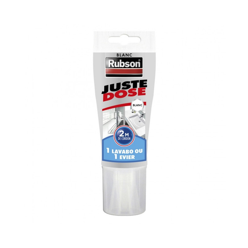 Mastic Silicone spécial Cuisine et Bain Juste Dose Rubson. Mastic silicone anti-moisissures spécial Cuisine et Bain Juste Dose de Rubson. Excellente adhérence sur la plupart des matériaux (émail, carrelage, verre, grés, faïence, porcelaine, céramique). Convient pour l'étanchéité des les joints de raccordement des douches, baignoires, éviers, murs carrelés, meubles encastrés, plans de travail. - Consommation : 2 mètres de joint (soit 1 lavabo ou 1 évier) - Temps séchage : 10 minutes en surface, 24h au c?ur du joint - Nettoyage des outils : avec un chiffon sec Tube de 50ml. Couleur Blanc