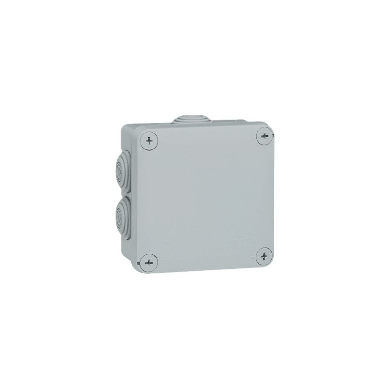 Boite de dérivation plexo 100X100 gris. Boite de dérivation plexo 100X100 gris Description du produit Boite de dérivation carrée LEGRAND Plexo étanche avec couvercle. Dimensions : 100x100x40 mm Coloris : gris. La boîte de dérivation est conçue pour alimenter, à partir d'une ligne principale, un nouvel équipement. Elle permet de créer une ligne secondaire en dérivation. Ouverture et fermeture du couvercle par 1/4 de tour avec tournevis plat, repérage o et i boîtes carrées gris - 7 embouts