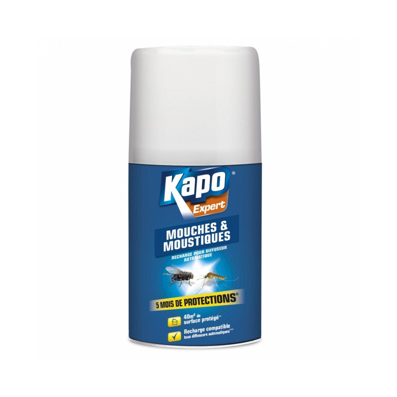 Recharge aérosol pour diffuseur mouches et moustiques 250ml KAPO Expert. Recharge aérosol pour diffuseur mouches et moustiques. La recharge aérosol est spécialement développée et conçue pour le diffuseur automatique Kapo. Sa formule très concentrée tue tous les insectes de la pièce rapidement avec une élimination totale des mouches, moustiques et moucherons. #9675; Prêt à l?emploi. #9675; Jusqu?à 5 mois de protection. Aérosol de 250 ml.
