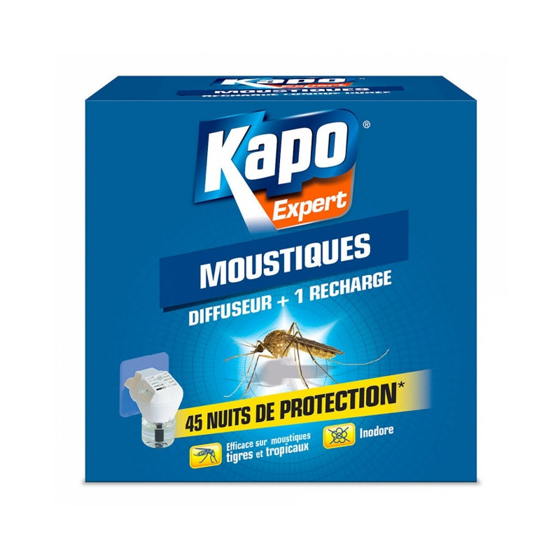 Diffuseur électrique liquide anti-moustiques KAPO Expert. Diffuseur électrique liquide anti-moustiques. Il éradique les moustiques indésirables. Il est efficace sur les moustiques européens, les moustiques tropicaux et les moustiques tigres. Le diffuseur électrique permet une protection longue durée de 45 nuits à raison de 8 heures par nuit. Il est sans parfum pour ne pas déranger les odorats sensibles, en particulier quand il est utilisé dans une chambre. La recharge liquide se fixe dans l?émanateur que vous branchez dans une prise. Pratique : il est utilisable sur des prises horizontales ou verticales grâce à sa fiche tournante. Ce diffuseur électrique est livré avec 1 recharge liquide. La recharge liquide est également disponible séparément. #9675; 1 recharge liquide = 45 nuits de tranquillité. #9675; Sans odeur. #9675; Appareil conforme à la norme CE. Peut s?adapter sur prises horizontales ou verticales. #9675; Faible consommation. Contient un diffuseur électrique et une recharge.