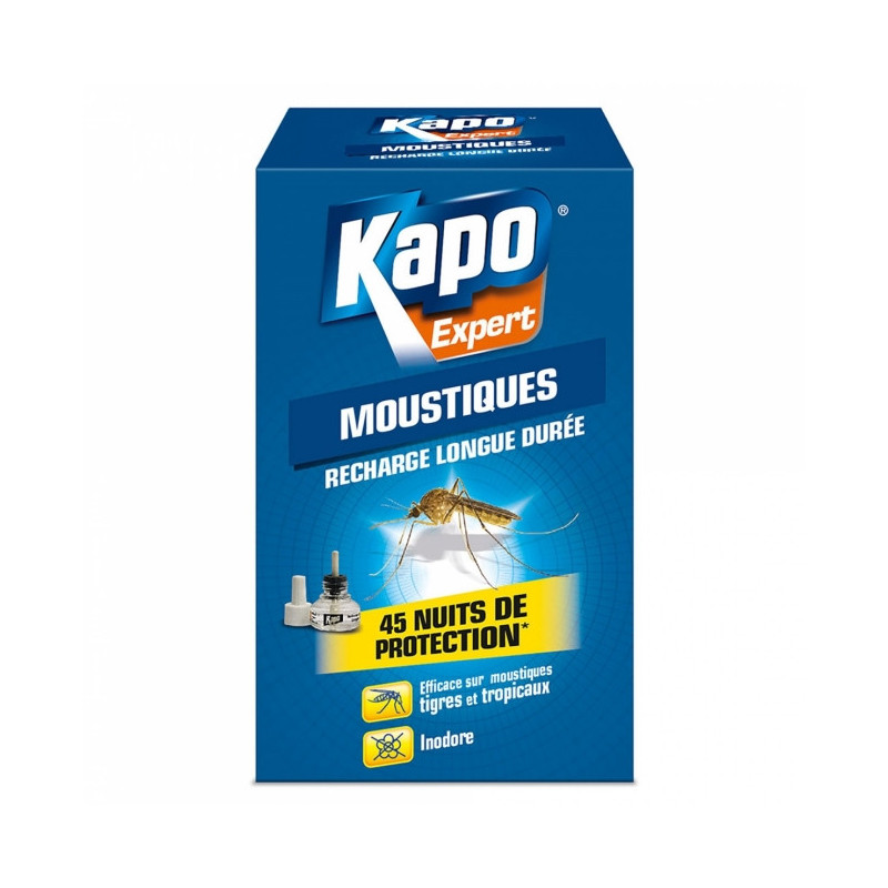 Recharge liquide anti-moustiques KAPO Expert. Recharge liquide anti-moustiques. La recharge liquide anti-moustique détruit et éloigne les moustiques européens, tropicaux et tigres, même fenêtres ouvertes et lumière allumée. Elle s?utilise dans les chambres, le salon, la cuisine? La recharge anti-moustique effet longue durée garantie une protection contre les moustiques pendant 45 nuits en utilisation de 8 heures par nuit. Inodore, elle s?utilise uniquement avec le diffuseur électrique Kapo Expert. #9675; Détruit et éloigne les moustiques #9675; Convient au diffuseur électrique Kapo Expert uniquement #9675; Effet longue durée : 45 nuits de 8h