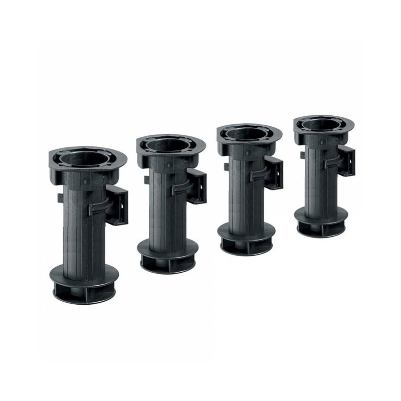 Lot de 4 Pieds de caisson réglables - noir - H150mm. Kit avec quatre pieds de réglage de socle en plastique pour armoire basse de cuisine. ? Charge maximum : 200 kg ? Hauteur réglable de 150 à 170 mm #9675; Matériau : Plastique #9675; Couleur : Noir #9675; Forme : Rond #9675; Ø 25 mm #9675; Hauteur 150 mm #9675; Ø trou de vis : 4 mm Ensemble comprenant : - 4 pieds - 4 attaches pour fixer les caches frontaux