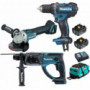 Pack Makita 18V 5Ah: Perceuse 62Nm DDF482 + Meuleuse 125mm DGA504 + Perforateur 2J DHR202 + 2 batteries + sac