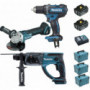 Pack Makita Premium 18V 5Ah: Perceuse 62Nm DDF482 + Meuleuse 125mm DGA504 + Perforateur 2J DHR202 + 2 batteries + 3 MakPac