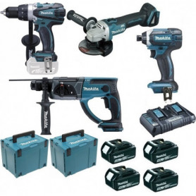 Pack Makita Pro 18V 5Ah: Perceuse 91Nm DDF458 + Meuleuse 125mm DGA504 + Perforateur 2J DHR202 + Visseuse à chocs 165Nm DTD152 + Pack Makita Pro 18V 5Ah: Perceuse 91Nm DDF458 + Meuleuse 125mm DGA504 + Perforateur 2J DHR202 + Visseuse à chocs 165Nm DTD152 +