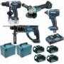 Pack Makita Pro 18V 5Ah: Perceuse 91Nm DDF458 + Meuleuse 125mm DGA504 + Perforateur 2J DHR202 + Visseuse à chocs 165Nm DTD152 +