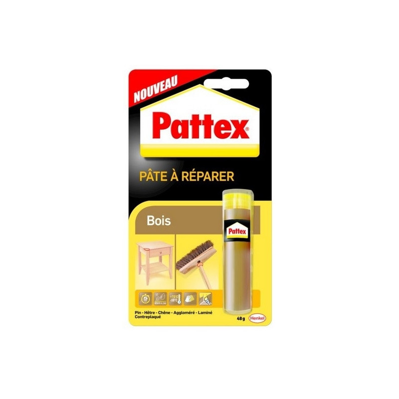 Pâte à réparer 48g bois PATTEX. La Pâte à Réparer Bois est une nouvelle formule de pâte à réparer couleur bois. Elle reconstitue, assemble et rebouche les matériaux en bois. Extra forte et extra dure, elle résiste parfaitement à l'eau même en immersion. Elle résiste aussi aux températures extrêmes (-30°C/+120°C). Le résultat est parfait. Elle peut se peindre, se poncer et même se percer. Malaxez, appliquez, c?est réparé ! Application : Pin Hêtre Chêne Aggloméré Laminé Contreplaqué Exemples d'utilisation : Cette pâte epoxy permet de : Fabriquer un crochet Réparer une charnière Réparer un cadre en bois Coller un porte manteaux sur un mur Fixer une poignée de fenêtre bois Reconstituer des matériaux (réparation d?un pied de chaise) Fabriquer un anneau Recoller un manche à outil Stockage : Cette pâte epoxy se conserve 24 mois, à l'abri des rayons du soleil. Trucs et astuces : Répare, reconstitue, colle : La Pâte à Réparer Bois n?est pas seulement une colle. Elle rebouche également les trous et les fissures. Peindre, poncer ou percer : La Pâte à Réparer Bois est idéale pour le collage, la réparation et le colmatage. Grâce à sa formule résistante à l?eau, à la graisse, aux solvants, au froid et à la chaleur, elle ne se déforme pas. Vous pouvez la peindre, la vernir, la poncer et même la percer. Nettoyage : Même avec la plus grande précision, la Pâte à Réparer Bois peut parfois se retrouver là où vous ne vouliez pas ! Dans ce cas, nettoyez à l?aide d?Ethanol ou d?un autre solvant. La colle déborde mais elle a déjà séché ! Même pour les bricoleurs confirmés, une erreur est vite arrivée ! Utilisez un couteau pour retirer l?excès de colle. Lisez les instructions. Avant tous vos collages, prenez un moment pour lire attentivement les instructions.