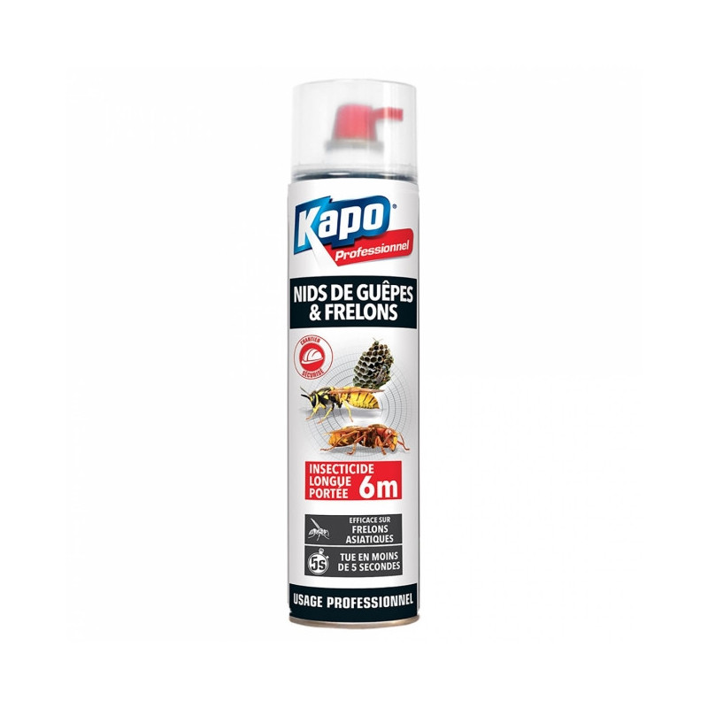 Aérosol spécial nids de guêpes et frelons 750ml KAPO Professionnel. Aérosol spécial nids de guêpes et frelons. Les guêpes ou les frelons peuvent décider de s?installer dans des fissures de murs ou de terrasses, là où un aérosol insecticide classique n?est pas efficace. Avec l?aérosol spécial nids de guêpes et frelons Kapo Professionnel, les insectes sont éliminés en moins de 5 secondes et grâce au diffuseur longue portée surpuissant de 6 mètres, les nids sont neutralisés en toute sécurité. La recolonisation des nids est prévenue. Cet aérosol est idéal pour les métiers du bâtiments (couvreurs, menuisiers, charpentiers?) confrontés à des nids de guêpes ou frelons dans les endroits difficiles d?accès et doit être utilisé uniquement à l?extérieur. Pratique, son grand format de 750ml permet de traiter les infestations massives, même de frelons asiatiques. #9675; Élimination des insectes en moins de 5 secondes. #9675; Très efficace contre les frelons asiatiques. #9675; Idéal pour les métiers du bâtiment. #9675; Grand format spécial infestations massives. Aérosol de 750 ml.