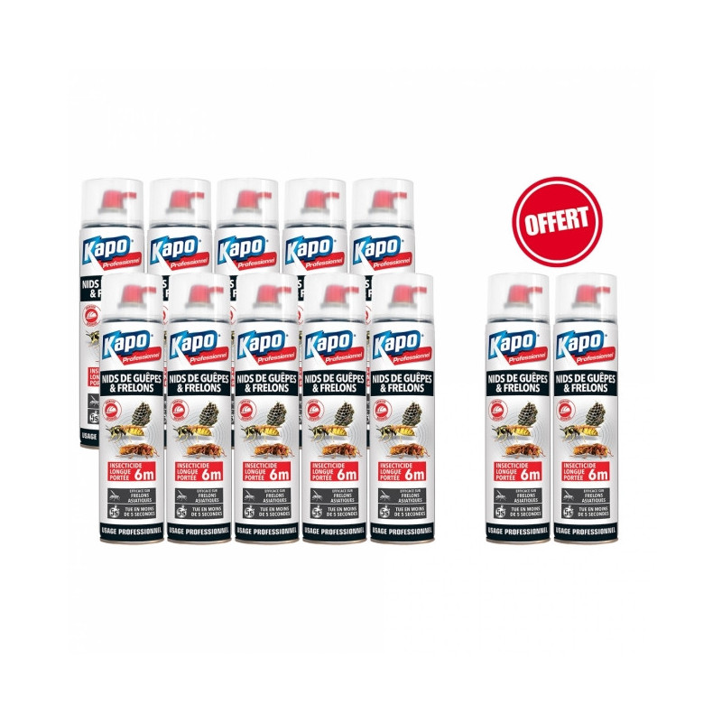 Lot de 12 Aérosols spécial nids de guêpes et frelons 750ml (dont 2 gratuits) KAPO Professionnel. Lot de 12 Aérosols spécial nids de guêpes et frelons (dont 2 gratuits). Les guêpes ou les frelons peuvent décider de s?installer dans des fissures de murs ou de terrasses, là où un aérosol insecticide classique n?est pas efficace. Avec l?aérosol spécial nids de guêpes et frelons Kapo Professionnel, les insectes sont éliminés en moins de 5 secondes et grâce au diffuseur longue portée surpuissant de 6 mètres, les nids sont neutralisés en toute sécurité. La recolonisation des nids est prévenue. Cet aérosol est idéal pour les métiers du bâtiments (couvreurs, menuisiers, charpentiers?) confrontés à des nids de guêpes ou frelons dans les endroits difficiles d?accès et doit être utilisé uniquement à l?extérieur. Pratique, son grand format de 750ml permet de traiter les infestations massives, même de frelons asiatiques. #9675; Élimination des insectes en moins de 5 secondes. #9675; Très efficace contre les frelons asiatiques. #9675; Idéal pour les métiers du bâtiment. #9675; Grand format spécial infestations massives. Lot de 12 Aérosols de 750 ml (10 + 2 gratuits)