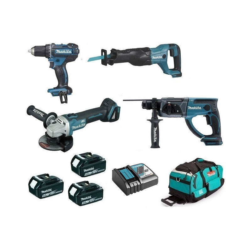 Pack Makita premium 4 machines 18V 5Ah: Perceuse DDF482 + Meuleuse DGA504 + Perforateur DHR202 + Sci