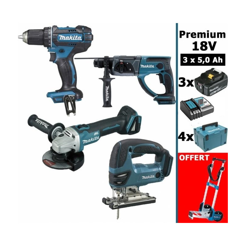 Pack makita Premium 4 machines 18V 5Ah: DDF482 + DGA504 + DHR202 + DJV180 + 3 batt + 4 Coffrets + OF