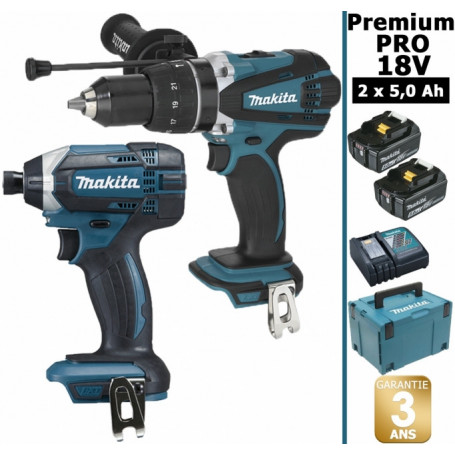 Pack Makita Premium Pro 18V 5Ah: Perceuse à percussion 91Nm DHP458 + Visseuse à chocs 165Nm DTD152 + 2 batteries + coffret