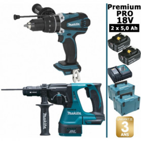 Pack Makita Premium Pro 18V 5Ah: Perceuse à percussion 91Nm DHP458 + Perforateur burineur 2J DHR243 + 2 batteries + 2 coffrets Pack Makita Premium Pro 18V 5Ah: Perceuse à percussion 91Nm DHP458 + Perforateur burineur 2J DHR243 + 2 batteries + 2 coffrets