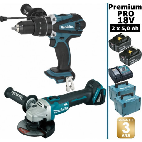 Pack Makita Premium Pro 18V 5Ah: Perceuse à percussion 91Nm DHP458 + Meuleuse 125mm DGA506 + 2 batteries + 2 coffrets MAKPAC