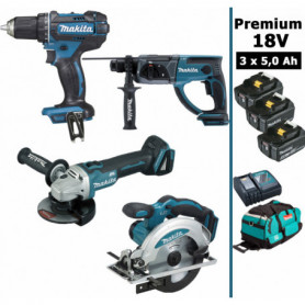Pack Makita Premium 4 machines 18V 5Ah: Perceuse DDF482 + Meuleuse DGA504 + Perfo DHR202 + DSS610 + 3 batt + sac Pack Makita Premium 4 machines 18V 5Ah: Perceuse DDF482 + Meuleuse DGA504 + Perfo DHR202 + DSS610 + 3 batt + sac