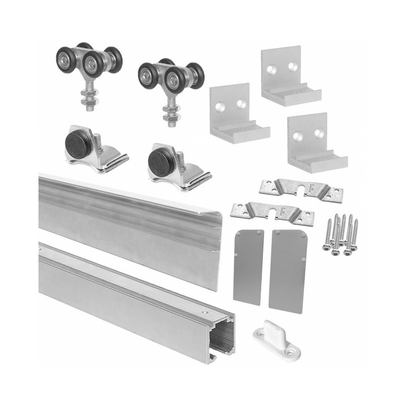 Kit pour porte coulissante U-30 2m. Kit pour porte coulissante U-30. Contient : - 1 Rail supérieur U-30 à rebords - aluminium - 2 mètres. - 3 Équerres pour rail U-30 à rebords - aluminium. - 1 Cache embellissant pour rail U-30 à rebords - aluminium - 2 mètres. - 1 Jeu d´embouts pour cache - aluminium. - 2 Montures à galets double U-30 nylon E60 : ferrure utilisée pour le déplacement des portes coulissantes suspendues. Ce chariot dispose de 4 roues nylon et une vis fixe ; il s´installe sur la partie supérieure de la porte et se déplace dans un rail supérieur. - 2 Butées à visser rail U-30 : sert d´arrêt au parcours de la porte. - 1 Set de 2 adaptateurs à bois pour monture à galets U-30 : ferrure accessoire pour portes coulissantes suspendues qui est utilisé afin d´adapter les chariots U-30 aux portes coulissantes en bois. L´adaptateur vient avec 4 vis. La forme de la plaque adaptatrice facilite le montage, maintenance et réparation de la porte coulissante. - 1 Guide sol en plastique 46,5x15mm : ferrure en plastique dont la fonction est de guider les portes coulissantes en bois dans la partie inférieure de ces dernières.