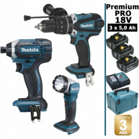 Pack Makita Premium Pro 18V 5Ah: Perceuse à percussion 91Nm DHP458 + Visseuse 165Nm DTD152 + Lampe + 3 batteries + coffret Pack Makita Premium Pro 18V 5Ah: Perceuse à percussion 91Nm DHP458 + Visseuse 165Nm DTD152 + Lampe + 3 batteries + coffret