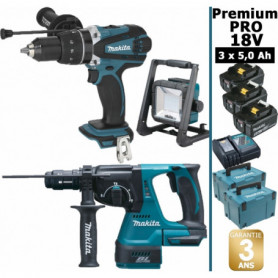 Pack Makita Premium Pro 18V 5Ah: Perceuse à percussion 91Nm DHP458 + Perfo burineur 2J DHR243 + Projecteur + 3 batt + Coffrets Pack Makita Premium Pro 18V 5Ah: Perceuse à percussion 91Nm DHP458 + Perfo burineur 2J DHR243 + Projecteur + 3 batt + Coffrets