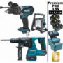 Pack Makita Premium Pro 18V 5Ah: Perceuse à percussion 91Nm DHP458 + Perfo burineur 2J DHR243 + Projecteur + 3 batt + Coffrets