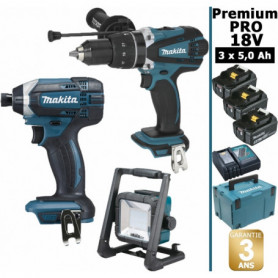 Pack Makita Premium Pro 18V 5Ah: Perceuse à percussion 91Nm DHP458 + Visseuse à chocs 165Nm DTD152 + Projecteur de chantier + 3 Pack Makita Premium Pro 18V 5Ah: Perceuse à percussion 91Nm DHP458 + Visseuse à chocs 165Nm DTD152 + Projecteur de chantier + 3