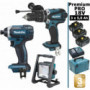 Pack Makita Premium Pro 18V 5Ah: Perceuse à percussion 91Nm DHP458 + Visseuse à chocs 165Nm DTD152 + Projecteur de chantier + 3