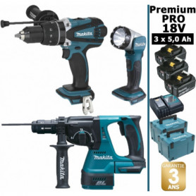 Pack Makita Premium Pro 18V 5Ah: Perceuse à percussion 91Nm DHP458 + Perfo burineur 2J DHR243 + Lampe + 3 batt + Coffrets Pack Makita Premium Pro 18V 5Ah: Perceuse à percussion 91Nm DHP458 + Perfo burineur 2J DHR243 + Lampe + 3 batt + Coffrets