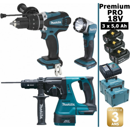 Pack Makita Premium Pro 18V 5Ah: Perceuse à percussion 91Nm DHP458 + Perfo burineur 2J DHR243 + Lampe + 3 batt + Coffrets