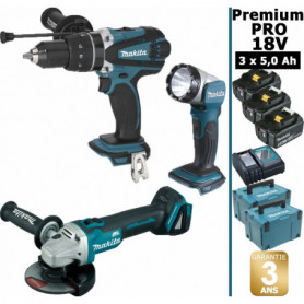 Pack Makita Premium Pro 18V 5Ah: Perceuse à percussion 91Nm DHP458 + Meuleuse 125mm DGA506 + Lampe + 3 batteries + Coffrets Pack Makita Premium Pro 18V 5Ah: Perceuse à percussion 91Nm DHP458 + Meuleuse 125mm DGA506 + Lampe + 3 batteries + Coffrets