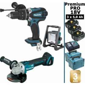 Pack Makita Premium Pro 18V 5Ah: Perceuse à percussion 91Nm DHP458 + Meuleuse DGA506 + Projecteur + 3 batteries + Coffrets Pack Makita Premium Pro 18V 5Ah: Perceuse à percussion 91Nm DHP458 + Meuleuse DGA506 + Projecteur + 3 batteries + Coffrets