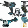 Pack Makita Premium Pro 18V 5Ah: Perceuse à percussion 91Nm DHP458 + Meuleuse DGA506 + Projecteur + 3 batteries + Coffrets