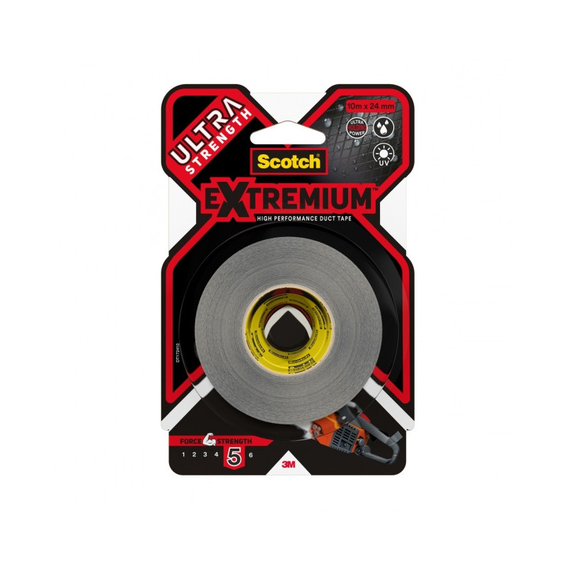 Toile de Réparation Extremium ULTRA noir 10m x 24mm. FORCE 5. Ce produit offre une résistance maximale pour les travaux les plus difficiles. Son adhésif en caoutchouc naturel agressif s?attache instantanément à une variété de surfaces comme le plastique, le métal, et le béton scellé. Peut se déchirer à la main. Toile de réparation DT17. Type d'adhésif : Une face + produit: Très haute résistance. Intérieur / extérieur. Résiste à l'humidité. Résiste aux UV.