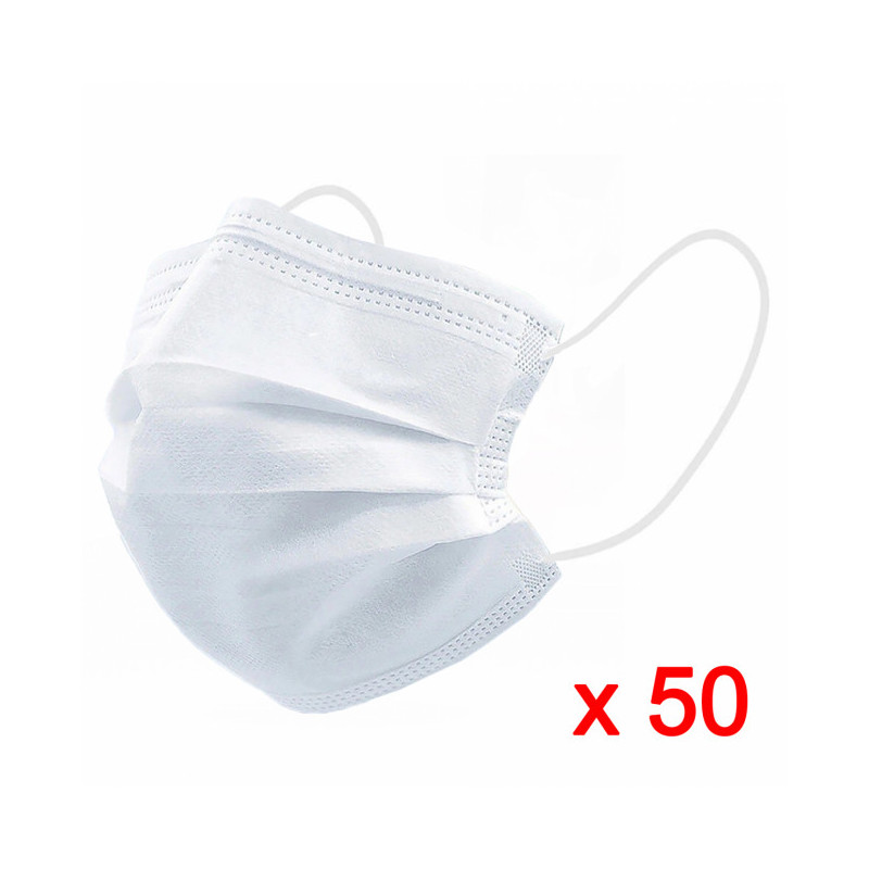 50 Masques chirurgicaux à usage unique 3 plis. Masque Chirurgical à lanières, 3 plis. Matériaux : - 4 couches en polypropylène - Élastique de fixation en caoutchouc - Barrette Nasale métallique et recouverte de plastique #9675; Coloris blanc #9675; Sans entretien, dispositif à usage unique #9675; Conformité : EN14683+AC :2019 Classe 1 Type I - Marquage CE selon la directive Européenne 93/42/CEE - EFB (Efficacité de filtration bactérienne) Supérieur à 95 % Boite de 50 masques. Attention ce produit n?est pas un équipement de protection individuel. Pour se protéger contre les particules solides ou liquides en suspension dans l?air, il convient d?utiliser un masque de protection respiratoire conforme à la norme EN149 :2001+A1 :2009.