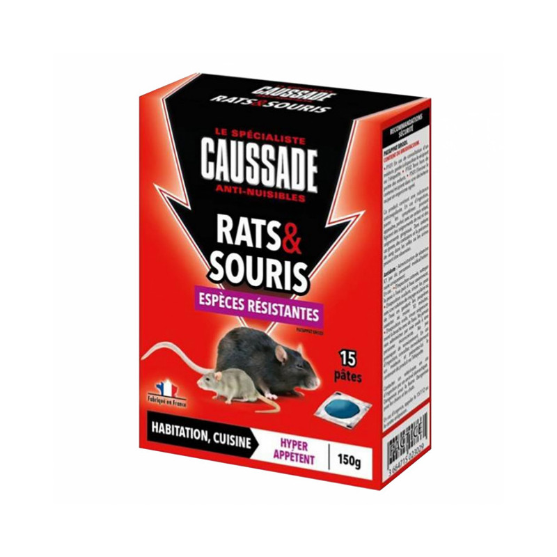 Pat'appât rats et souris - espèces résistantes - 150g CAUSSADE. Pat'appât rats et souris - espèces résistantes. Pâte idéale pour éliminer les rats et souris en cas de concurrence alimentaire. ? Spécial rats et souris résistants ? 1 seule ingestion suffit ? Idéal pour lieux secs et/ou humides tels qu?habitation, entrepôt, cuisine Composition : - Brodifacoum 0,005% Boîte de 150g (soit 15 sachets de 10g)
