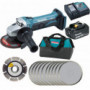 Meuleuse angulaire 18V Ø115mm DGA452 + batt 3 Ah + disque diamant + 10 disques métal + sac MAKITA