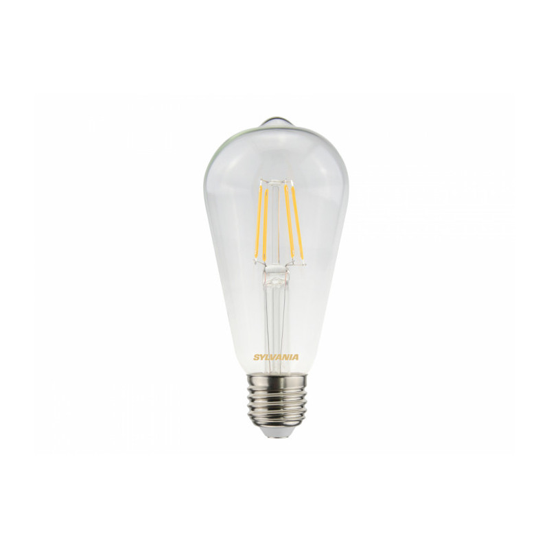 Ampoule led EDI E27 827 6W égal à 60W Cla fil SYLVANIA. TOLEDO Retro ST64 4,5W 470lm DIM 827 E27 Gamme de lampes à filament LED. Finition avec effet filament pour un rendu visuel semblable à une lampe traditionnelle. Jusqu?à 90% d?économies d?énergie par rapport aux lampes à incandescence. IRC > 80 Distribution lumineuse parfaitement homogène et extrêmement large - diffusion sur 300°. Allumage immédiat à 100% du flux. Longue durée de vie : 15.000 heures - 50.000 cycles d'allumage/extinction. Idéale pour le remplacement des lampes à incandescence jusqu'à 100W. Technologie : LED. Culot :E27. Puissance nominale :4,5W. Equivalent :40W. Type de luminaire : Ouvert. Application générale: - Café, Hôtel, restaurant. - Résidentiel&consommateur. Flux lumineux :470 Lumens. Température de couleur :2700K. Couleur : Blanc chaud. Tension :230V. Durée de vie moyenne :15 000 Heures. Angle de faisceau :300°. + produit: Longue durée de vie. Economie d'énergie. Bonne distribution lumineuse. Allumage immédiat.