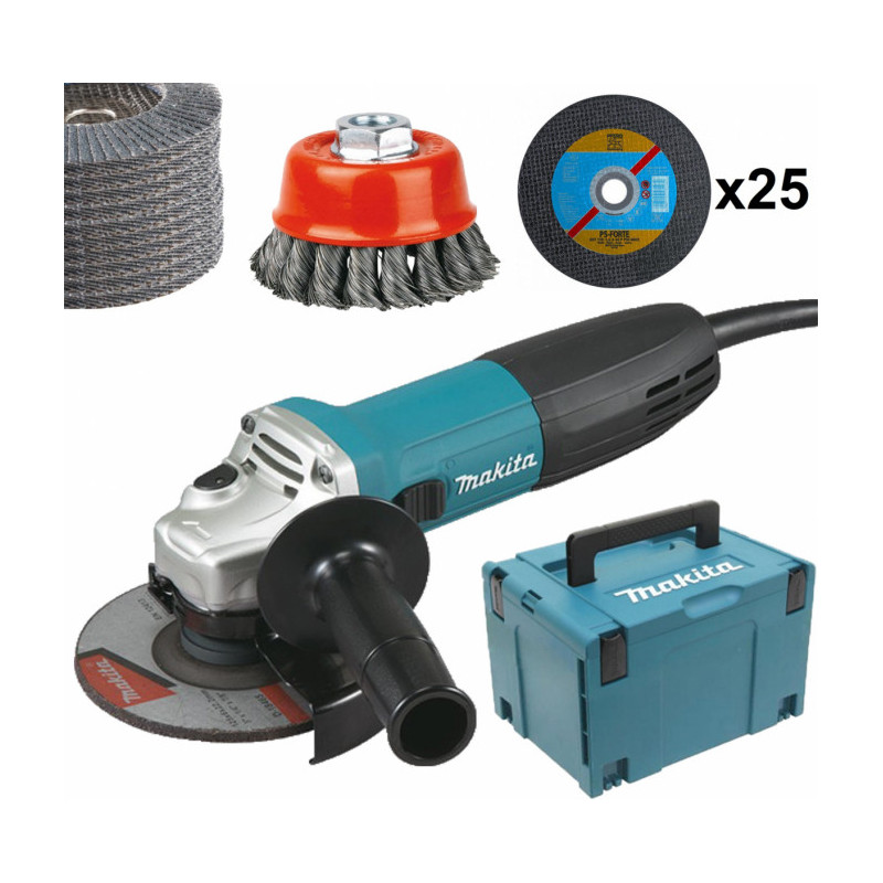 Meuleuse angulaire 1400W Ø125mm 9565CR MAKITA + 10 disques lamelles + 25 disques à tronçonner + bros