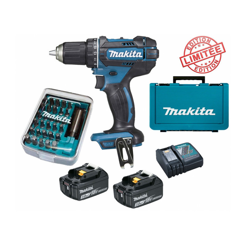 Perceuse visseuse Makita 18V 62Nm DDF482 + 2 batt 3 Ah + 30 embouts de  vissage + porte-embout magnétique Edition Limitée