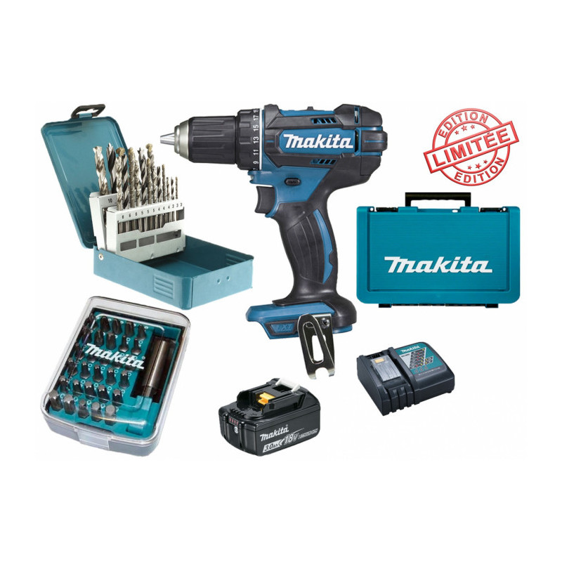 Perceuse visseuse Makita 18V 62Nm DDF482 + 1 batt 3 Ah + 30 embouts de vissage + 18 forets D-46202 E