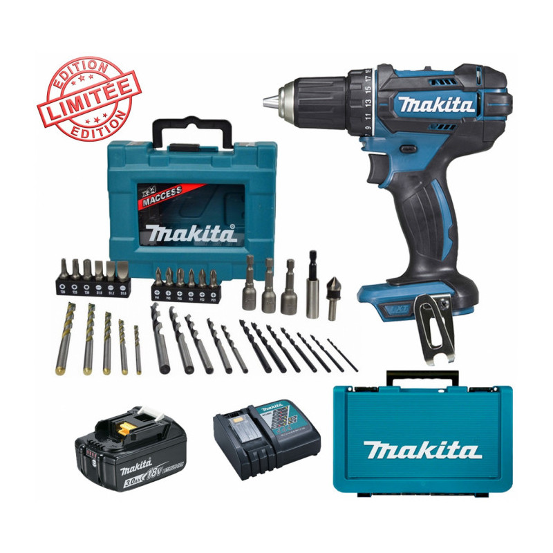 Perceuse visseuse Makita 18V 62Nm DDF482 + 1 batt 3 Ah + Coffret 34 accessoires de perçage vissage M