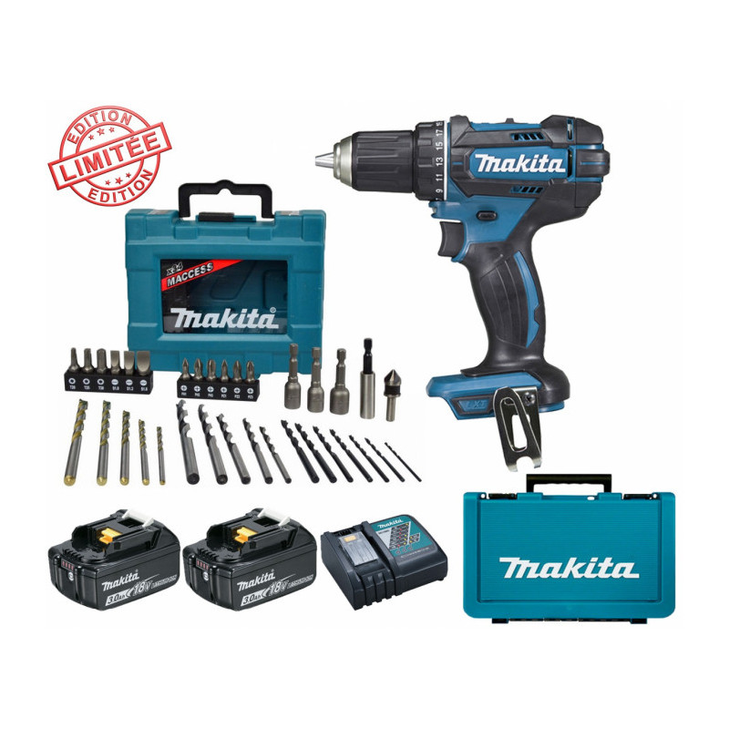 Perceuse visseuse Makita 18V 62Nm DDF482 + 2 batt 3 Ah + Coffret 34 accessoires de perçage vissage M