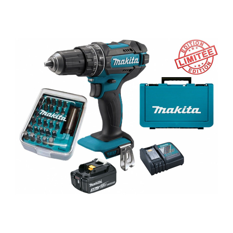 Perceuse visseuse à percussion Makita 18V 62Nm DHP482 + 1 batt 3 Ah + 30 embouts de vissage + porte-