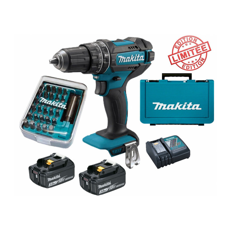 Perceuse visseuse à percussion Makita 18V 62Nm DHP482 + 2 batt 3 Ah + 30 embouts de vissage + porte-