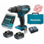 Perceuse visseuse à percussion Makita 18V 62Nm DHP482 + 2 batt 3 Ah + 30 embouts de vissage + porte-embout magnétique