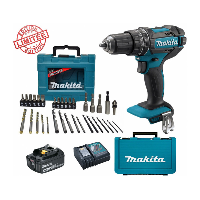 Perceuse visseuse à percussion Makita 18V 62Nm DHP482 + 1 batt 3 Ah + Coffret 34 accessoires de perç