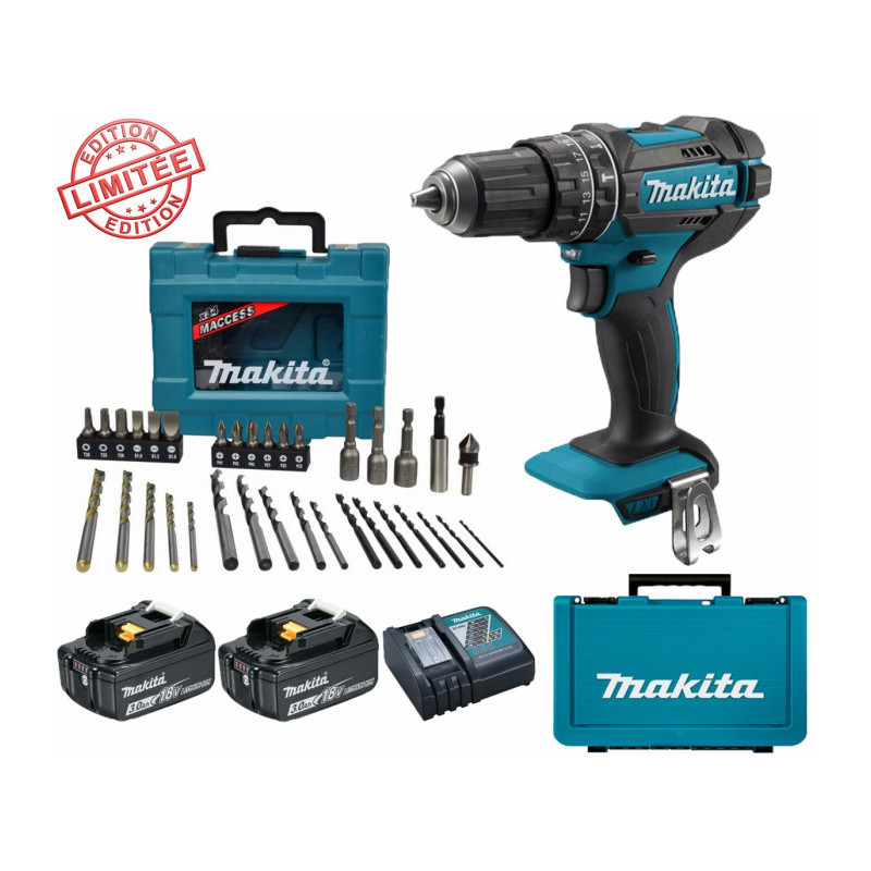 Perceuse visseuse à percussion Makita 18V 62Nm DHP482 + 2 batt 3 Ah + Coffret 34 accessoires de perç