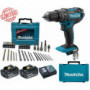 Perceuse visseuse à percussion Makita 18V 62Nm DHP482 + 2 batt 3 Ah + Coffret 34 accessoires de perçage vissage MACCESS Edition